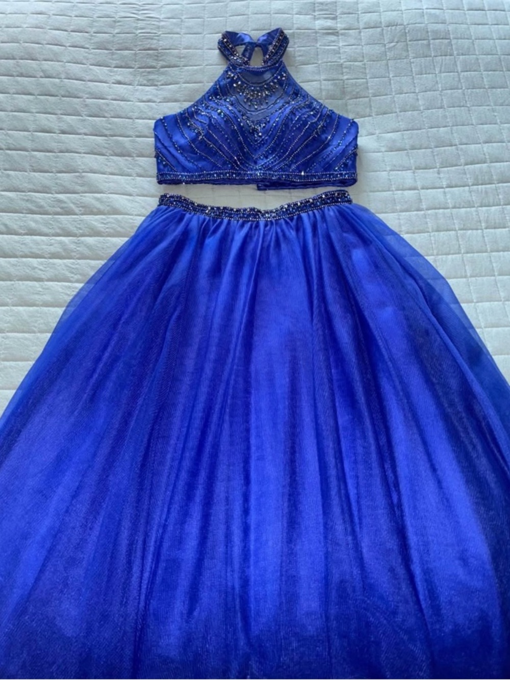 Elegant Royal Blue Two-Piece Dress with Beaded Bodice